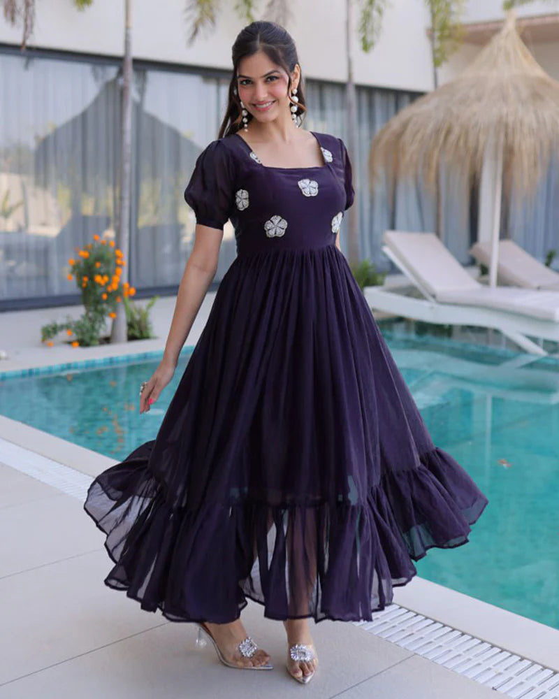 Womenline Dark Purple Color Fendi Silk Beads Embroidered Gown