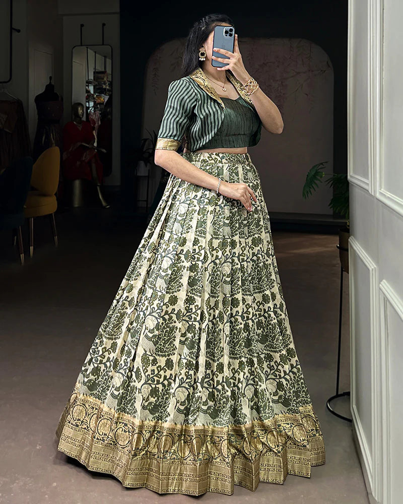 Womenline Green Color Tasar Silk Viscose Printed Lehenga Choli