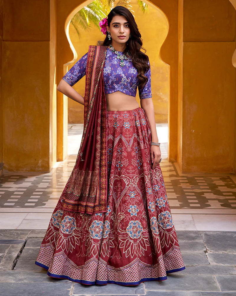 Womenline Maroon Color Vichitra Silk Printed And Embroidered Lehenga Choli
