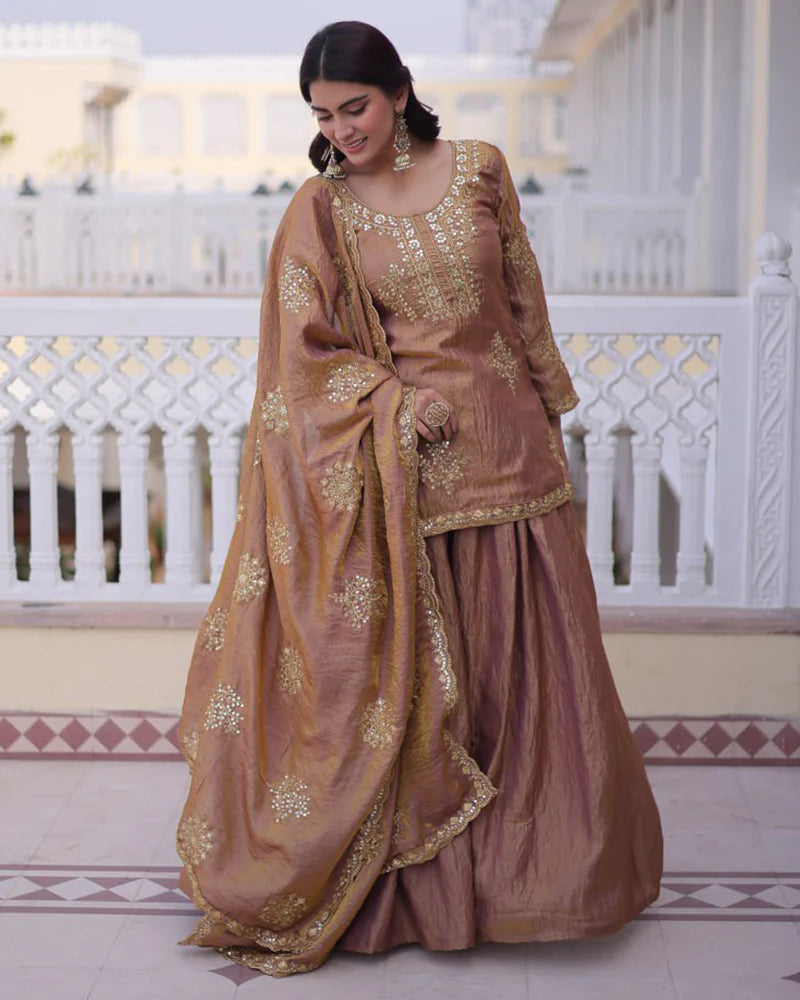 Womenline Chikoo Color Fendi Crush Embroidered Plazzo Suit