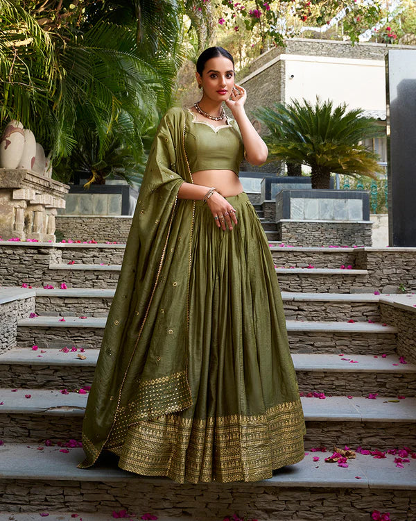 Womenline Mehndi Color Pure Chanderi Plain Navratri Half Saree