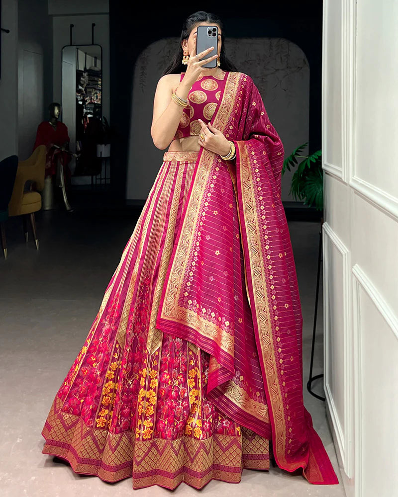 Womenline Rani Pink Color Banarasi Silk Zari Weaving Lehenga Choli
