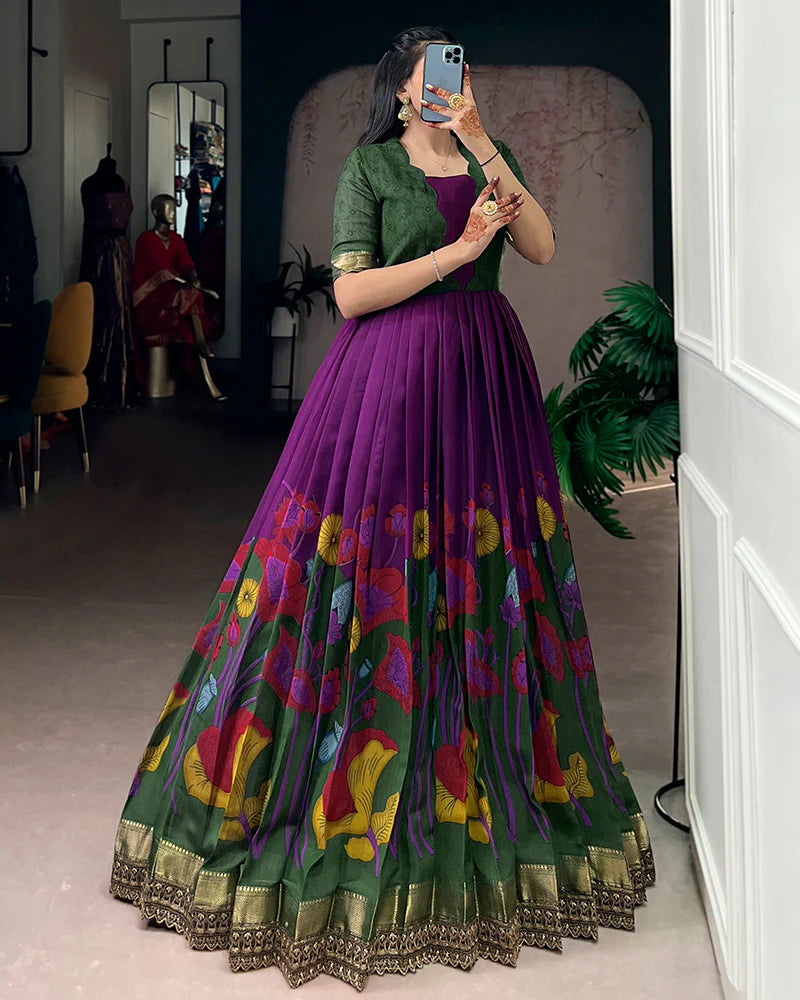 Womenline Purple Color Viscose Chanderi Floral Printed Gown