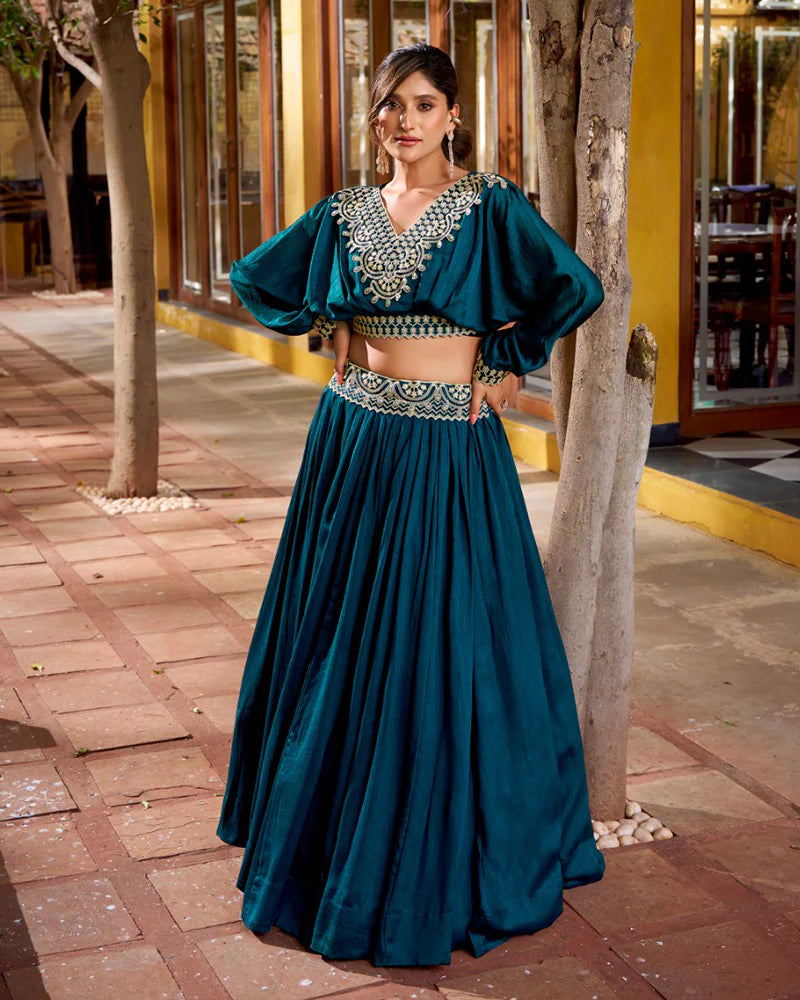 Womenline Peacock Blue Color Vichitra Silk Embroidered Lehenga Choli