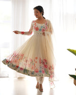 Womenline Off White Floral Print Organza Three Piece Anarkali Suit