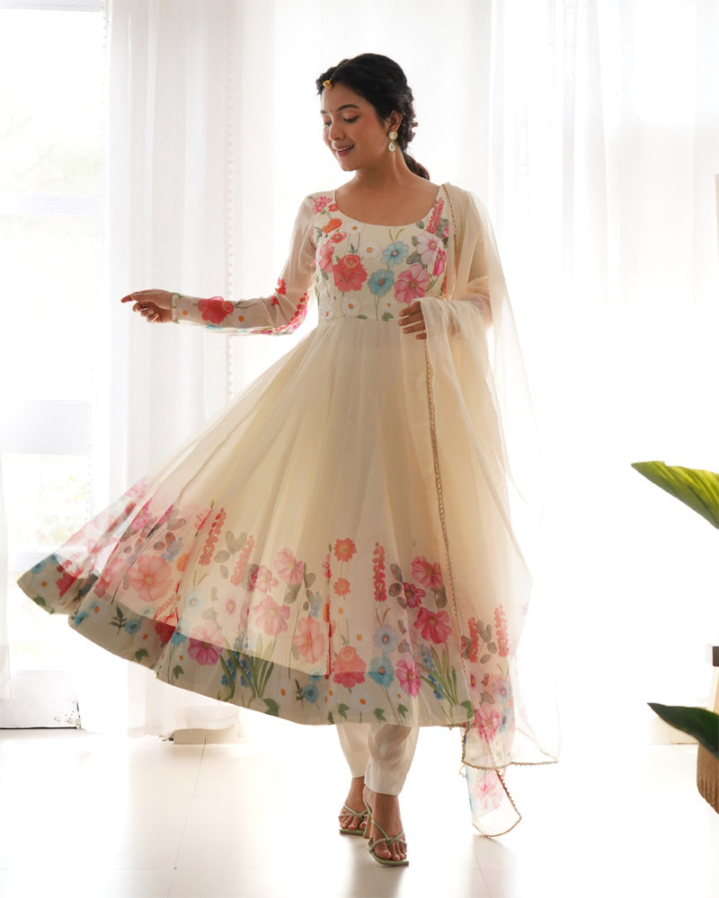 Womenline Off White Floral Print Organza Three Piece Anarkali Suit