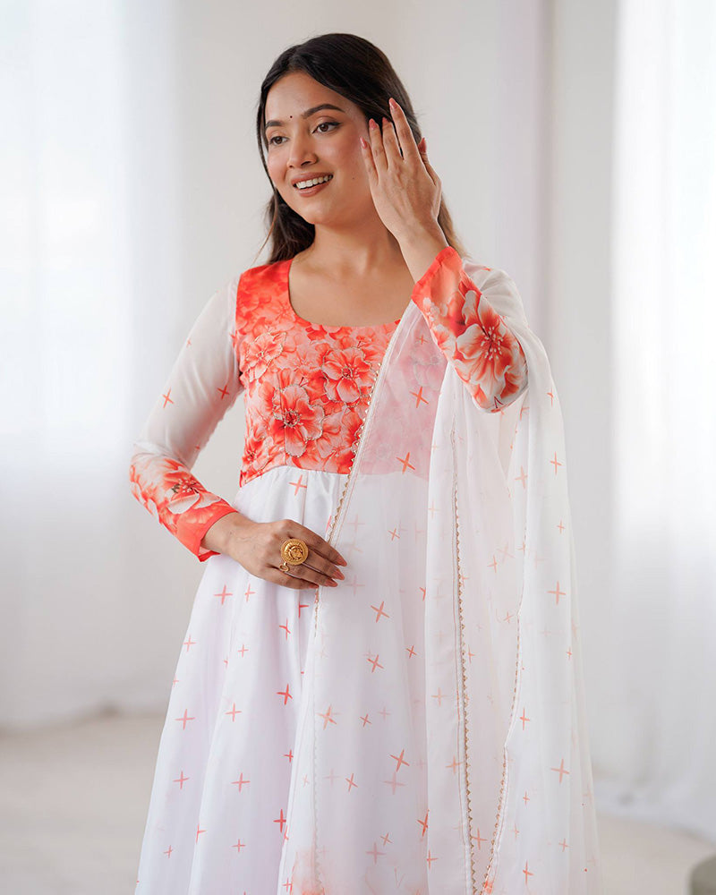 Womenline Orange Color Flower Print Tabby Organza Anarkali Suit