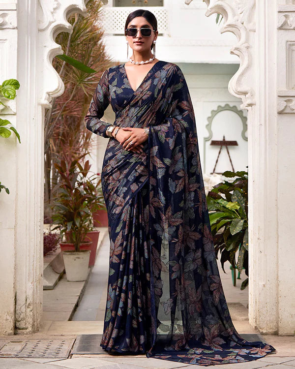 Womenline Navy Blue Color Lurex Brasso Viscose Saree
