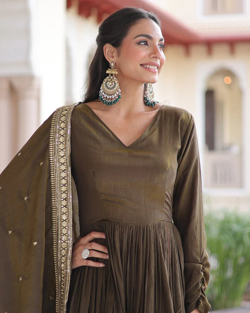 Womenline Mehndi Olive Color Vichitra Silk Sequence Embroidered Gown