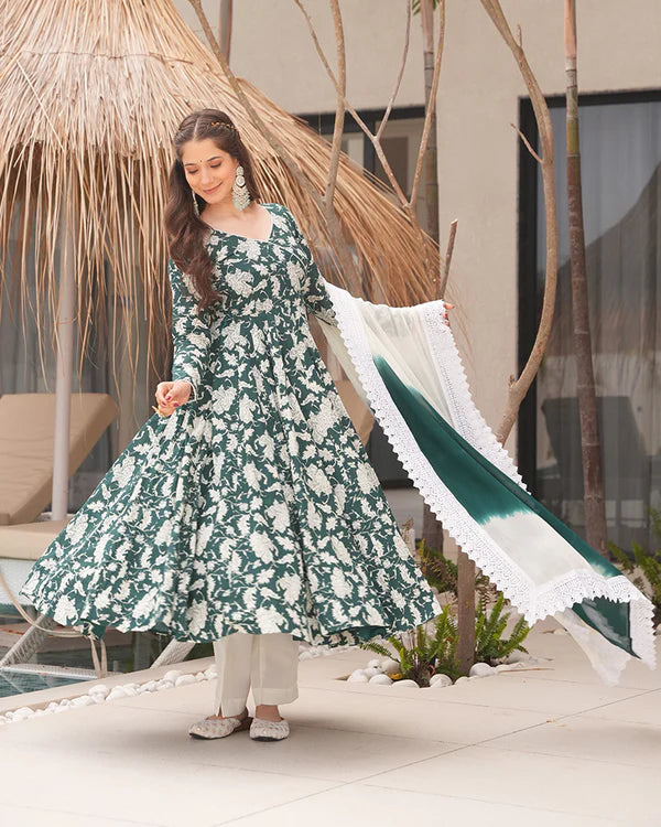 Womenline White And Green Color Floral Printed Cotton Anarkali Suit