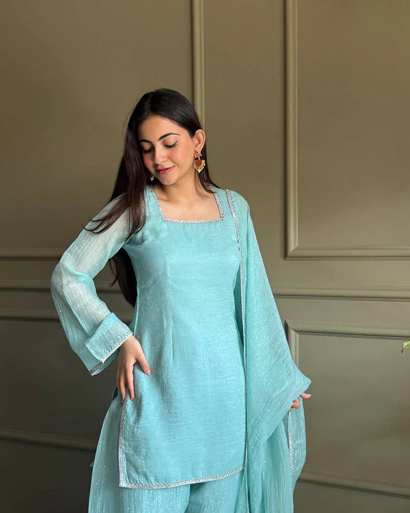 Womenline Sky Blue Color Crunchy Silk Farshi Suit