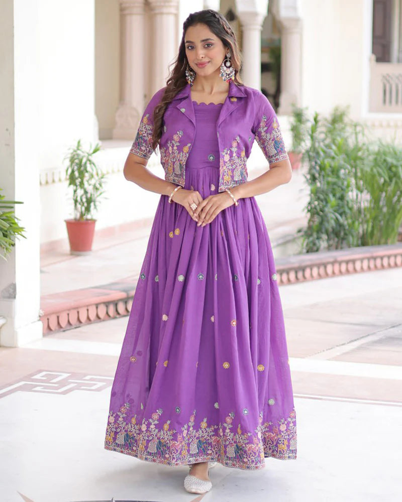 Womenline Purple Color Vichitra Silk Embroidered Gown
