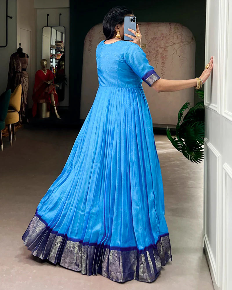 Womenline Blue Color Mass Mello Zari Weaving Gown