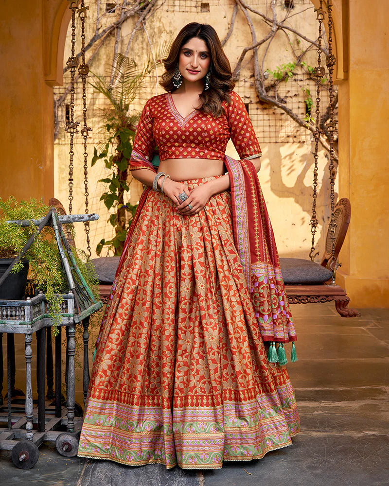 Womenline Rust Orange Color Tasar Silk Sparkle Lehenga Choli