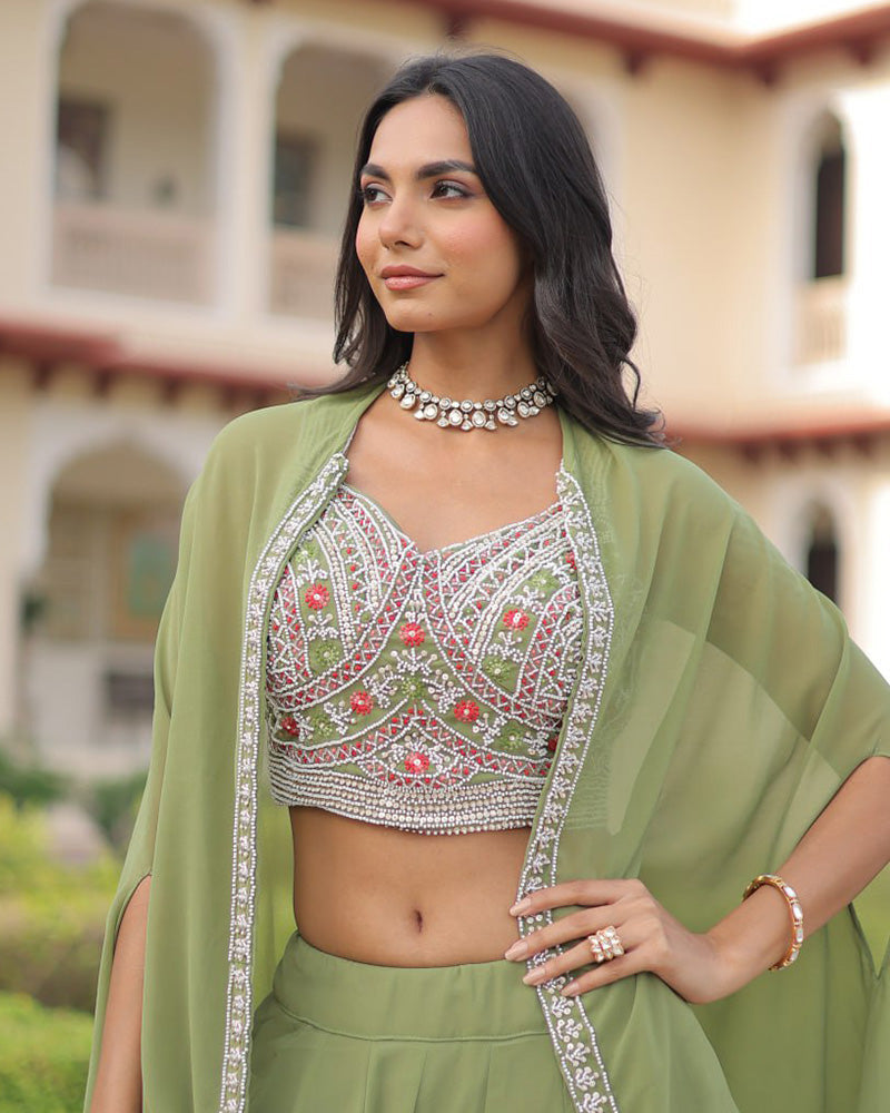 Womenline Pista Color Faux Georgette Embroidered Lehenga Choli