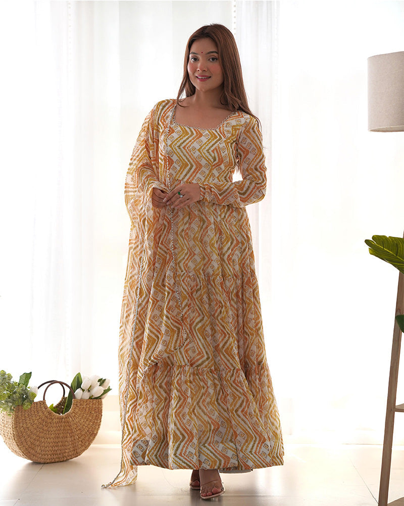 Womenline Off-White Color Soft Georgette Three Layer Ruffle Style Anarkali Suit