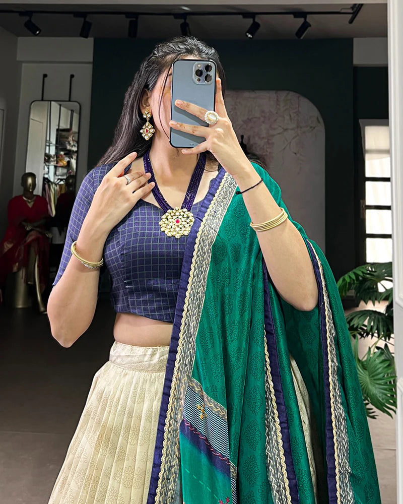 Womenline Navy Blue Color Tasar Silk Dye Printed Lehenga Choli