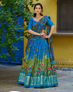 Womenline Firozi Color Tussar Silk Kalamkari Printed Lehenga Choli