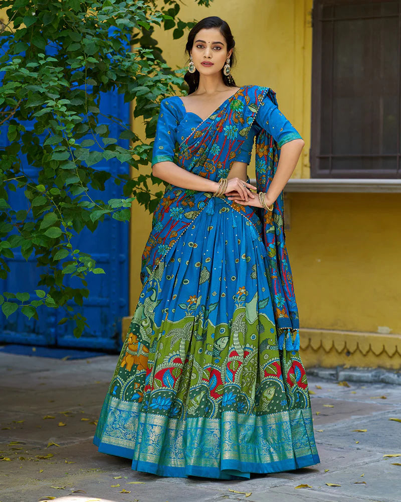 Womenline Firozi Color Tussar Silk Kalamkari Printed Lehenga Choli