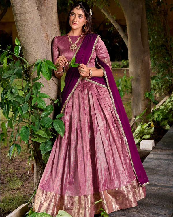 Womenline Pink Color Dupion Silk Zari Weaving Half Saree