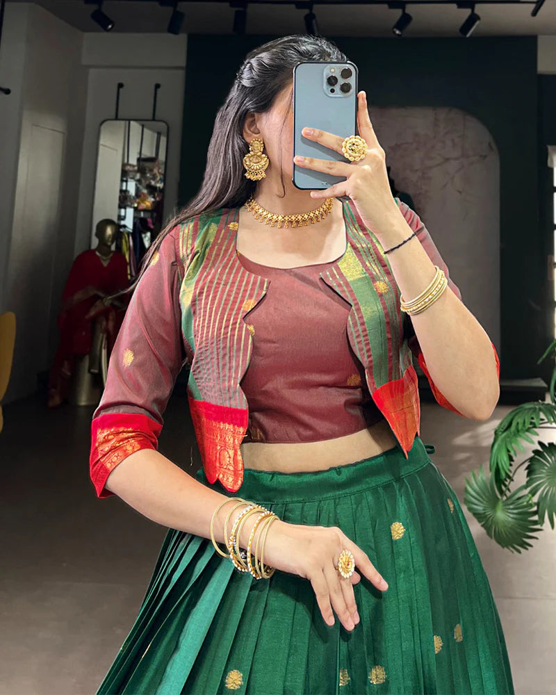 Womenline Green Color Poly Cotton Zari Weaving Lehenga Choli
