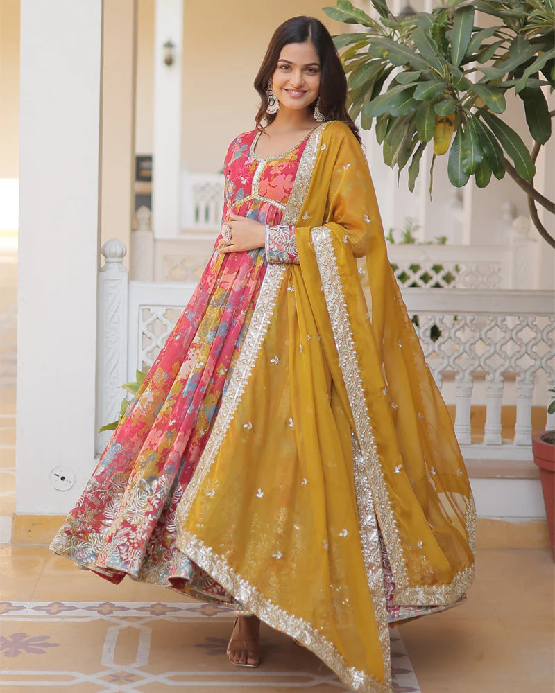 Womenline Wedding Wear Floral Embroidered Red Color Alia Cut Gown With Dupatta