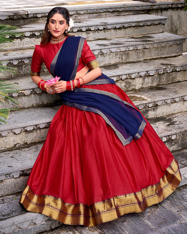 Womenline Designer Red Color Poly Cotton Half Saree