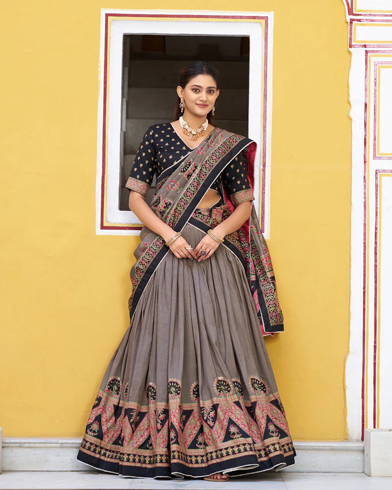 Womenline Black Color Tasar Silk Printed Sparkle Lehenga Choli