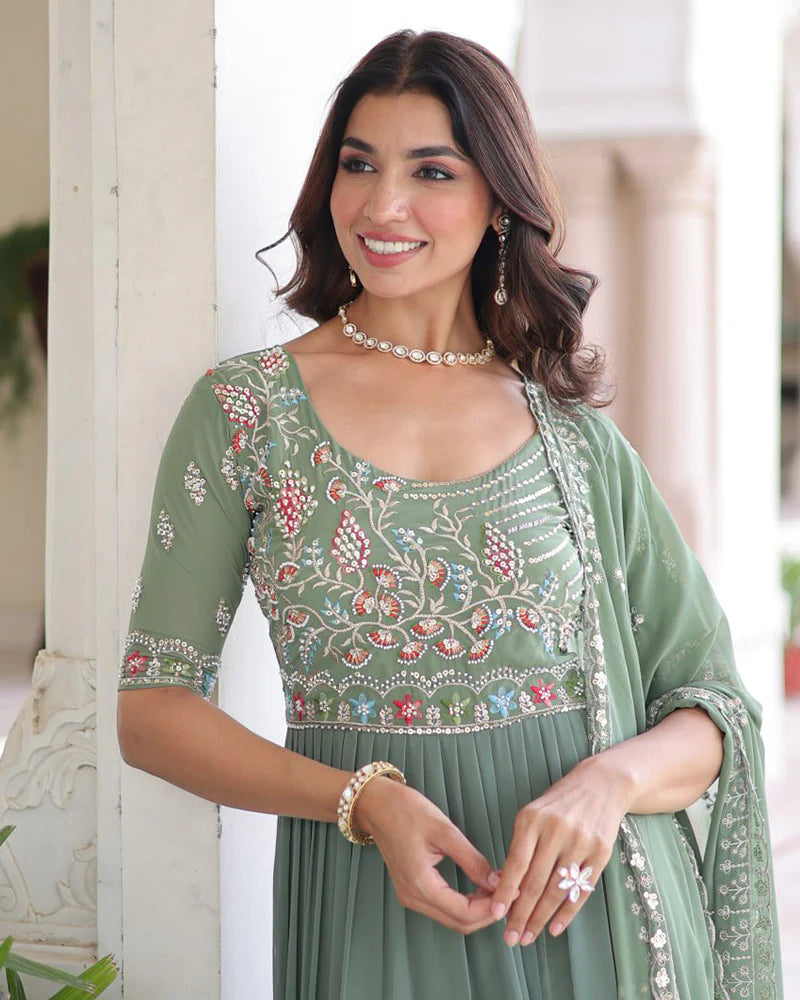 Womenline Pastel Green Color Faux Blooming Embroidered Gown