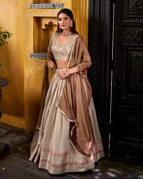 Womenline Cream Color Dupion Silk Zari Weaving Half Saree