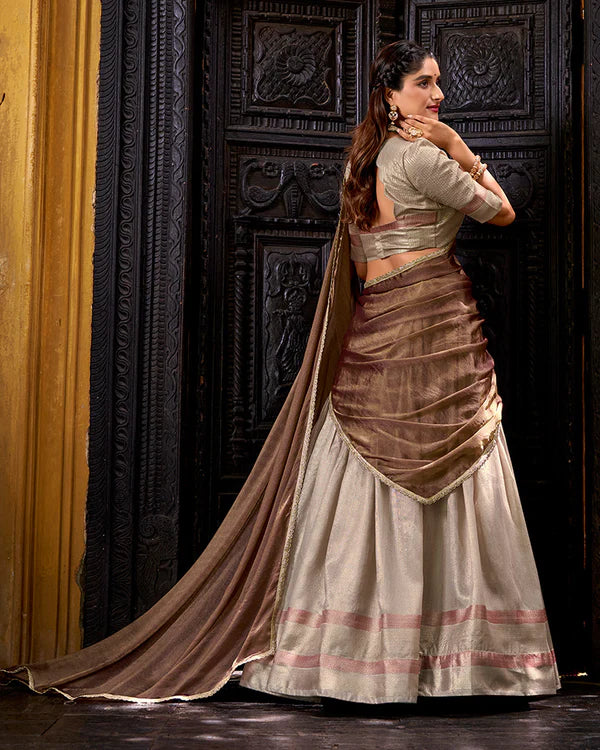 Womenline Cream Color Dupion Silk Zari Weaving Half Saree