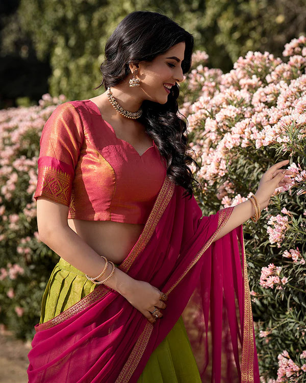 Womenline Pista Color Kanchipuram Silk Designer Half Saree