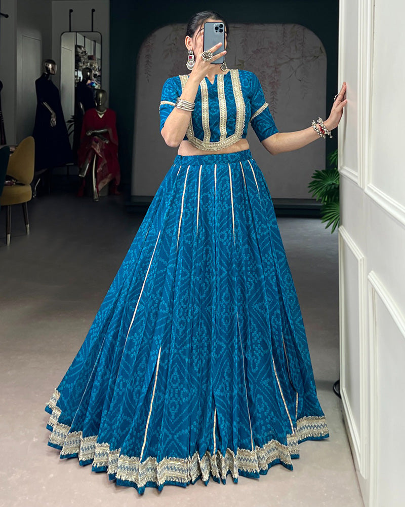 Womenline Firozi Color Chiffon Bandhej Printed Navratri Lehenga Choli