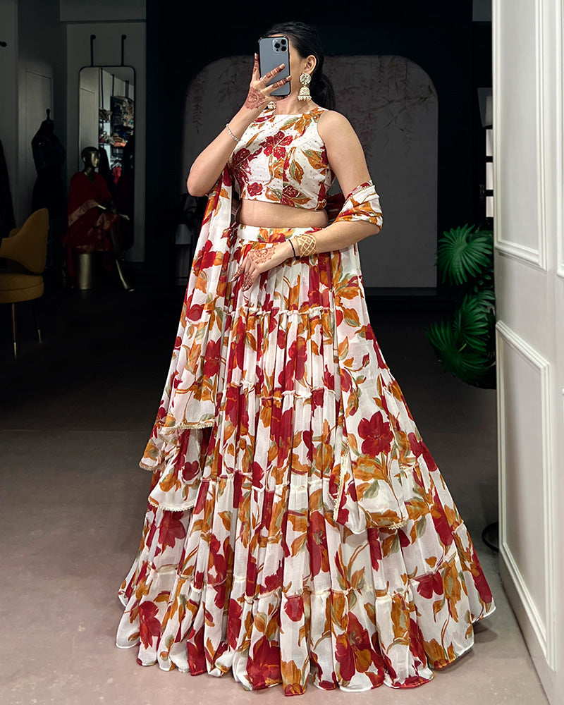 Womenline White Color Marble Floral Printed Lehenga Choli