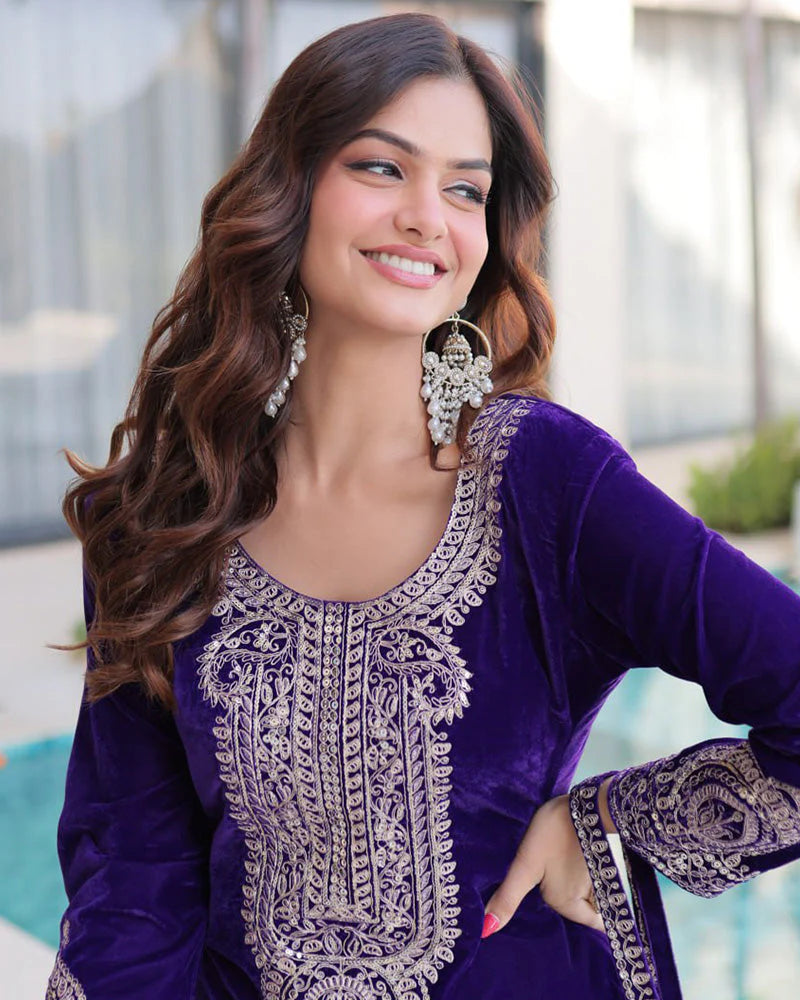 Womenline Purple Color Velvet Embroidered Kurti Suit