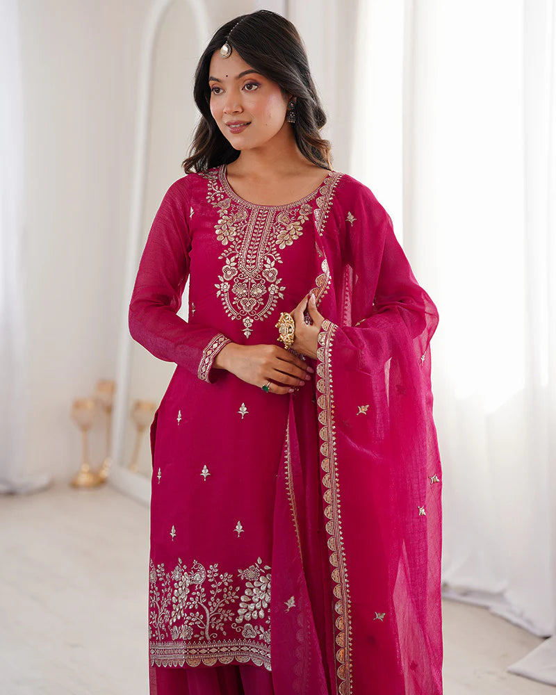 Womenline Rani Pink Color Soft Crunchy Silk Embroidered Plazzo Suit