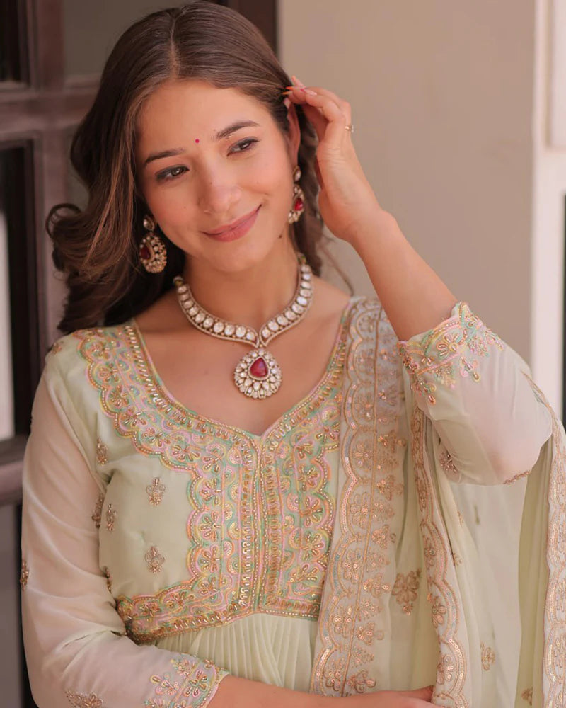 Womenline Pista Color Star Georgette Embroidered Gown