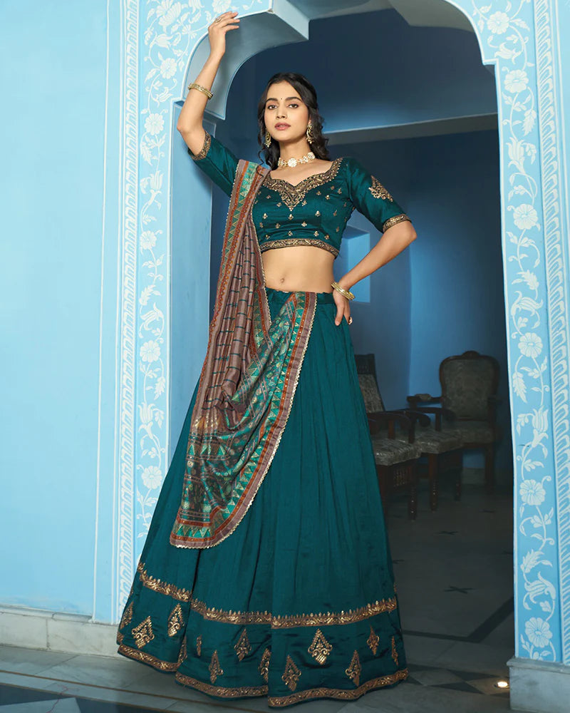Womenline Elegant Teal Green Embroidered Vichitra Silk Lehenga Choli