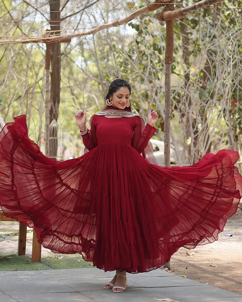 Womenline Maroon Color Designer Embroidered Gown With Dupatta