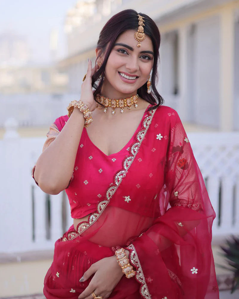 Womenline Pink Color Dola Silk Embroidered Lehenga Choli