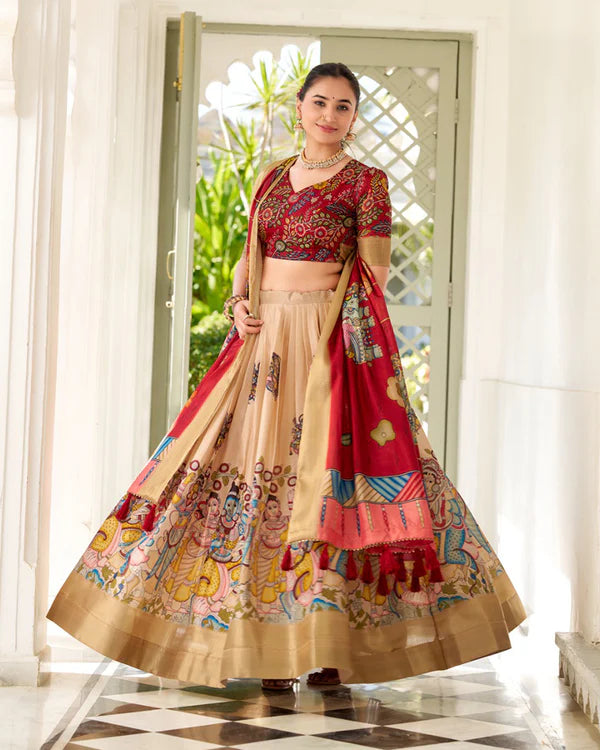 Womenline Cream Color Dola Silk Designer Kalamkari Print Half Saree