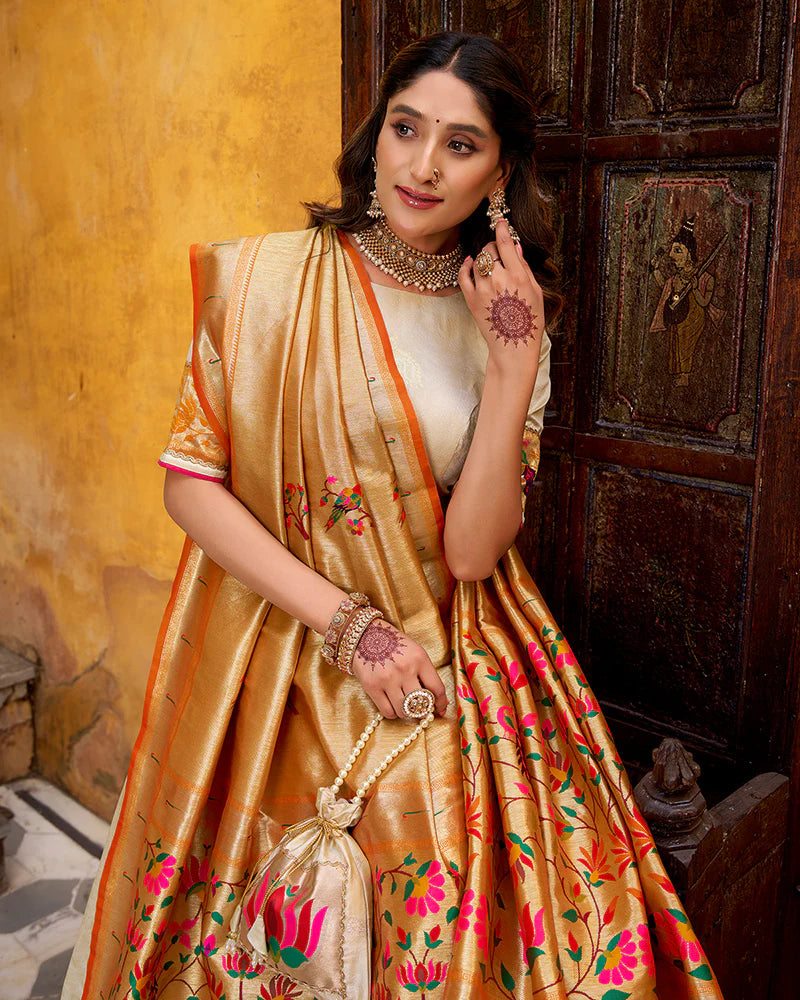 Womenline Off-White Color Paithani Silk Zari Weaving Lehenga Choli