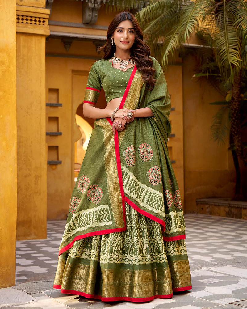 Womenline Mehndi Color Dola Silk Batik Printed Lehenga Choli
