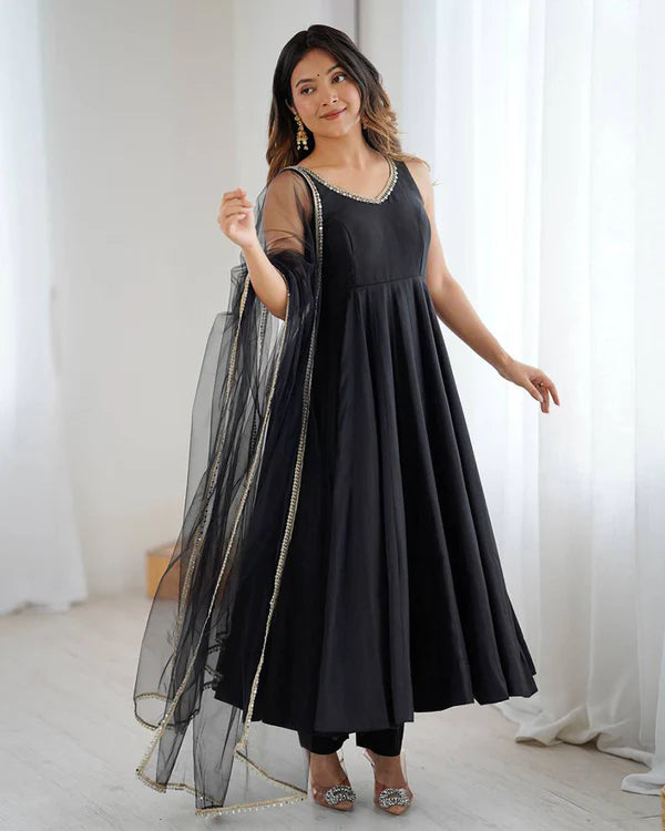 Womenline Black Color Chanderi Pure Roman Silk Anarkali Suit