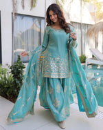Womenline Sky Color Fendi Crush Embroidered Plazzo Suit