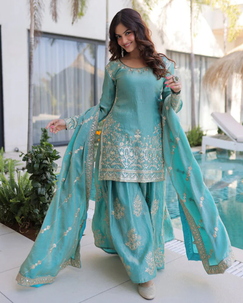 Womenline Sky Color Fendi Crush Embroidered Plazzo Suit