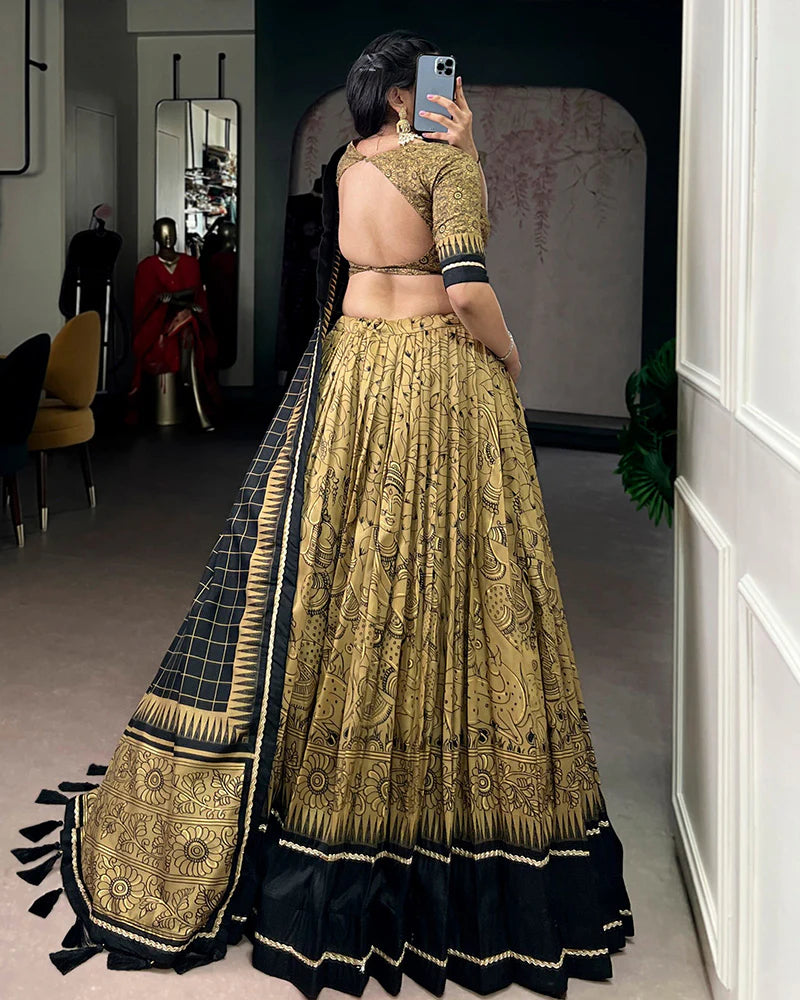 Womenline Gold Color Tasar Silk Kalamkari Printed Lehenga Choli