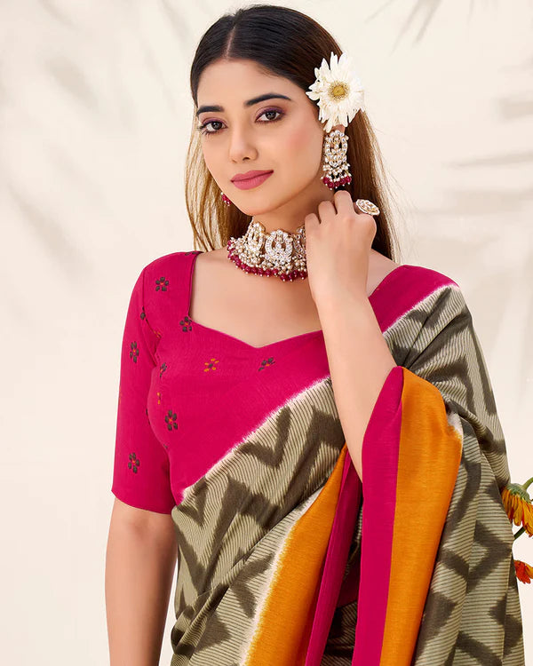 Womenline Mehndi Color Tasar Silk Printed Saree