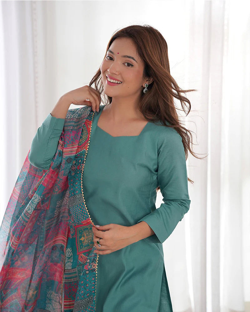 Womenline Sea Green Color Viscose Ready To wear Three Piece Kurti Suit