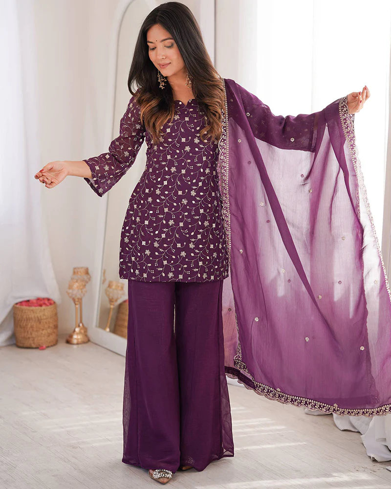 Womenline Dusty Mauve Color Crunchy Silk Embroidered Plazzo Suit